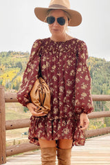 Red Ruffled Puff Sleeve High Low Floral Babydoll Dress