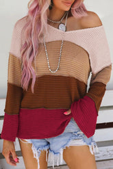 Stripe Color Block Waffle Knit Bell Sleeve Jumper