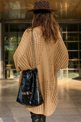 Camel Pointelle Knit Pocket Open Front Cardigan