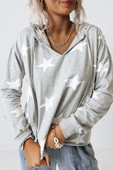 Light Grey Stars Print V-Neck Drawstring Hoodie