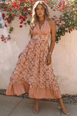 Pink Flora Print Halter Neck Tie Back Maxi Dress