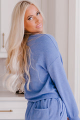 Blue Ribbed Texture Pullover and Drawstring Shorts Lounge Set