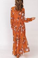 Orange Orange Floral Print Lace-up Ruffled V Neck Maxi Dress with A Slit