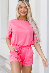 Pink Asymmetrical Short Sleeves Drawstring Pocket Romper
