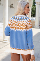 Blue Geometric Print Ribbed Trim Sweater