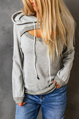 Gray Ribbed Trim Cut-out Bust Drawstring Hoodie