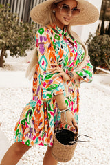 Yellow Abstract Floral Print Long Sleeve Buttoned Mini Dress