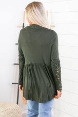 Green Lace Sleeve Knit Cardigan