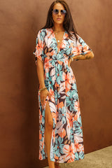 Orange Floral Kimono Long Dress with Slit
