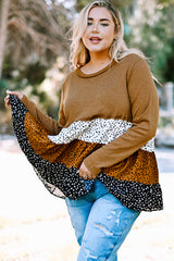 Brown Plus Size Knit Dotted Print Tiered Top with Ruffle