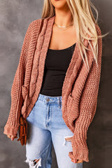 Pink Chunky Knit Solid Cardigan with Pocket