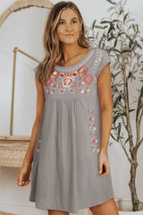 Gray Embroidered Striped Print Sleeveless Mini Dress