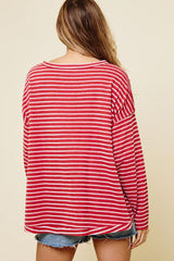 Red Striped Drop Shoulder Exposed Seam Long Sleeve Top