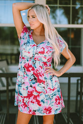 Red V Neck Short Sleeve Floral Dress