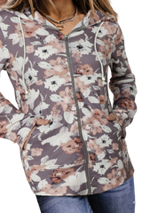 Gray Vintage Floral Print Pocketed Full Zip Hoodie