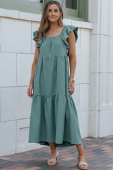 Green Smocked Neckline Flutter Sleeve Maxi Dress
