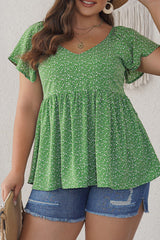 Green Plus Size Floral Peplum Top