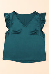 Green Flutter Sleeve V Neck Satin Top