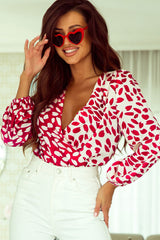 Red Petal Printed Long Sleeve Wrap V-Neck Bodysuit