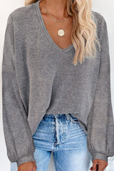 Gray Waffle Knit V Neck Long Sleeve Loose Tunic Top