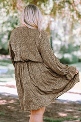 Khaki Plus Size Ruffled Long Sleeve Animal Spotted Print Dress