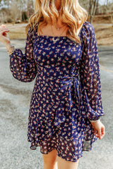 Blue Floral Print Smocked Square Neck Bubble Sleeve Dress