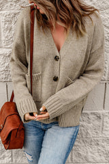 Khaki Drop Shoulder Button Front V Neck Cardigan with Pockets