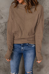 Brown Ribbed Knit Drop Shoulder Hooded Top