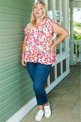 Rose Floral Round Neck Flutter Sleeve Plus Blouse