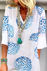 White Abstract Dandelion Print Half Sleeve Dress
