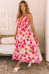 Red Halter Neck Backless Floral Print Maxi Dress with Ties