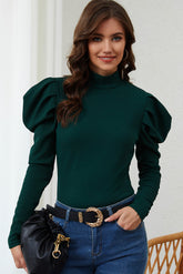 Green Puff Sleeve Keyhole Back Ribbed Knit Bodysuit