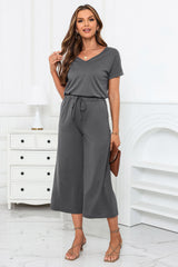 Gray Drawstring Waist Short Sleeve Wide Leg Jumpsuit