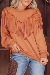 Brown Solid Color Chevron Fringe Loose Pullover Sweatshirt