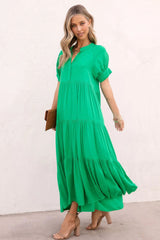 Green Notch V Neck Bubble Sleeve Tiered Maxi Dress