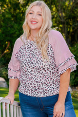 Pink Plus Size Ruffle Raglan Sleeve Leopard Top