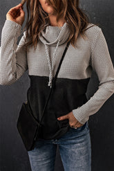 Gray Drawstring Cowl Neck Color Block Sweatshirt