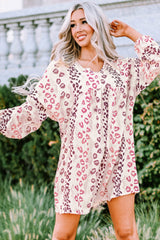 White Leopard V Neck Puffy Sleeve Dress