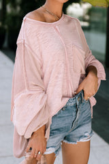 Pink Exposed Seam Chest Pocket Loose Sleeve Oversized Top