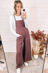 Red Textured Shoulder Straps Pocketed Overalls