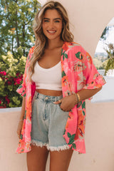 Pink Floral Print Ruffled 3/4 Sleeve Loose Fit Kimono