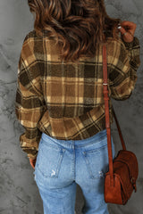 Brown Zip Collar Plaid Pattern Fleece Sweatshirt