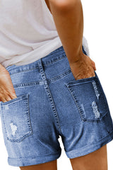 Blue Vintage Faded and Distressed Denim Shorts
