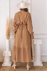 Brown V Neck Wrap Long Sleeve Dress