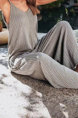 Gray Ribbed V Neck Spaghetti Strap Pocketed Wide Leg Jumpsuit
