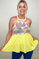 Multi Geometric Waffle Knit Babydoll Top