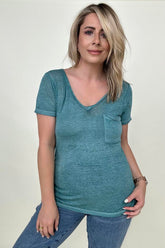 Washed Melange Burnout Scoop V-Neck Top