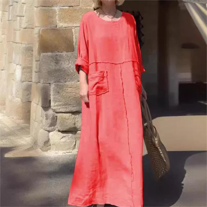 Solid color round neck cotton and linen dress