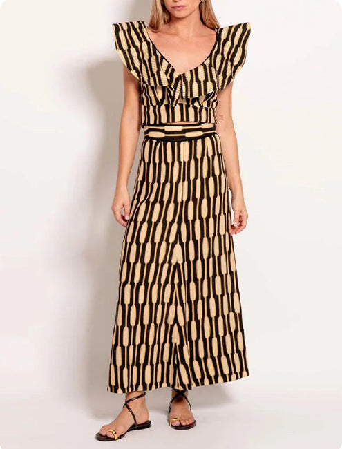 Lotus Leaf Collar Hollow Print Suit