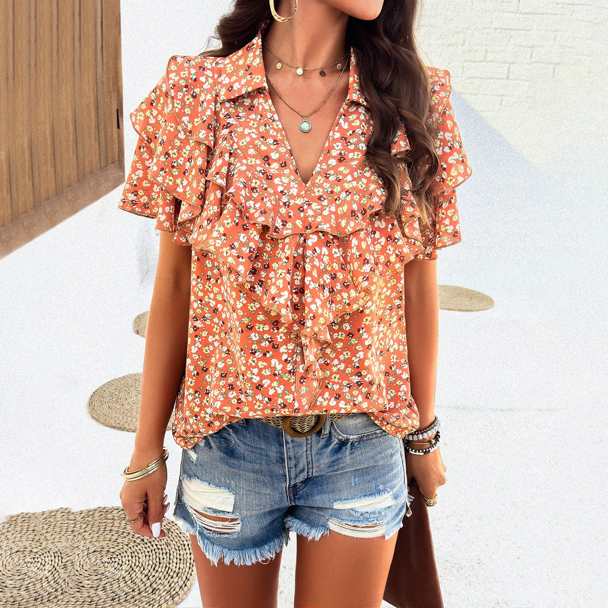 Printed ruffled short-sleeved T-shirt